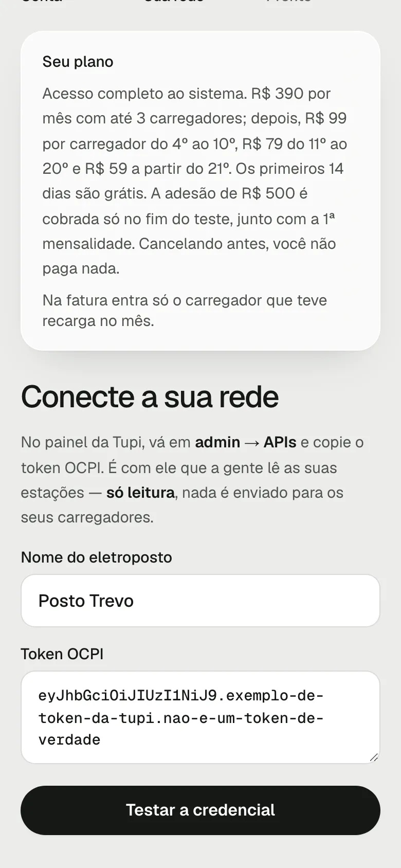 Adesão: colar o token da Tupi